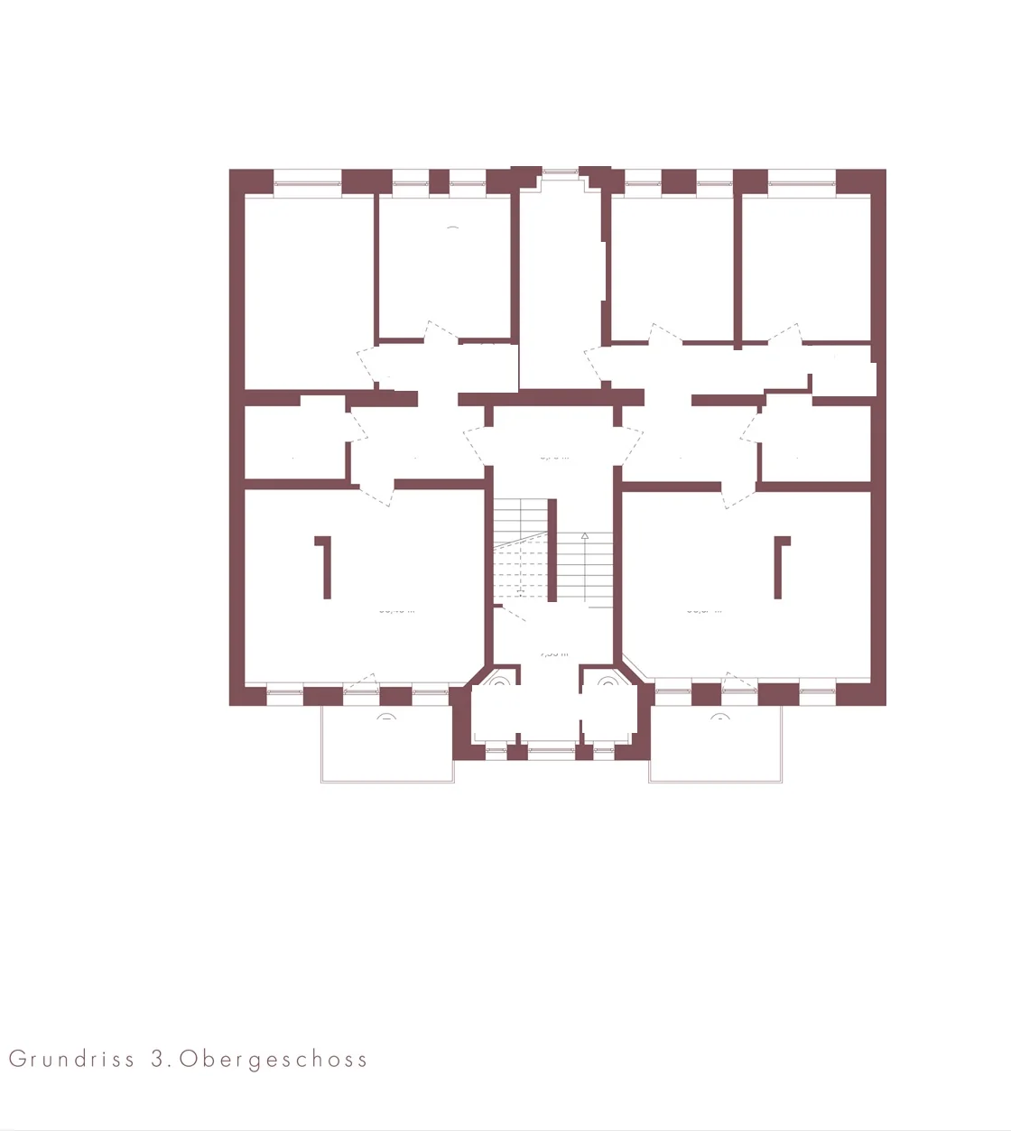 Grundriss 3. Obergeschoss mit zwei Wohnungen vor der Aufteilung, ein Gebäude auf einem Grundbuchblatt