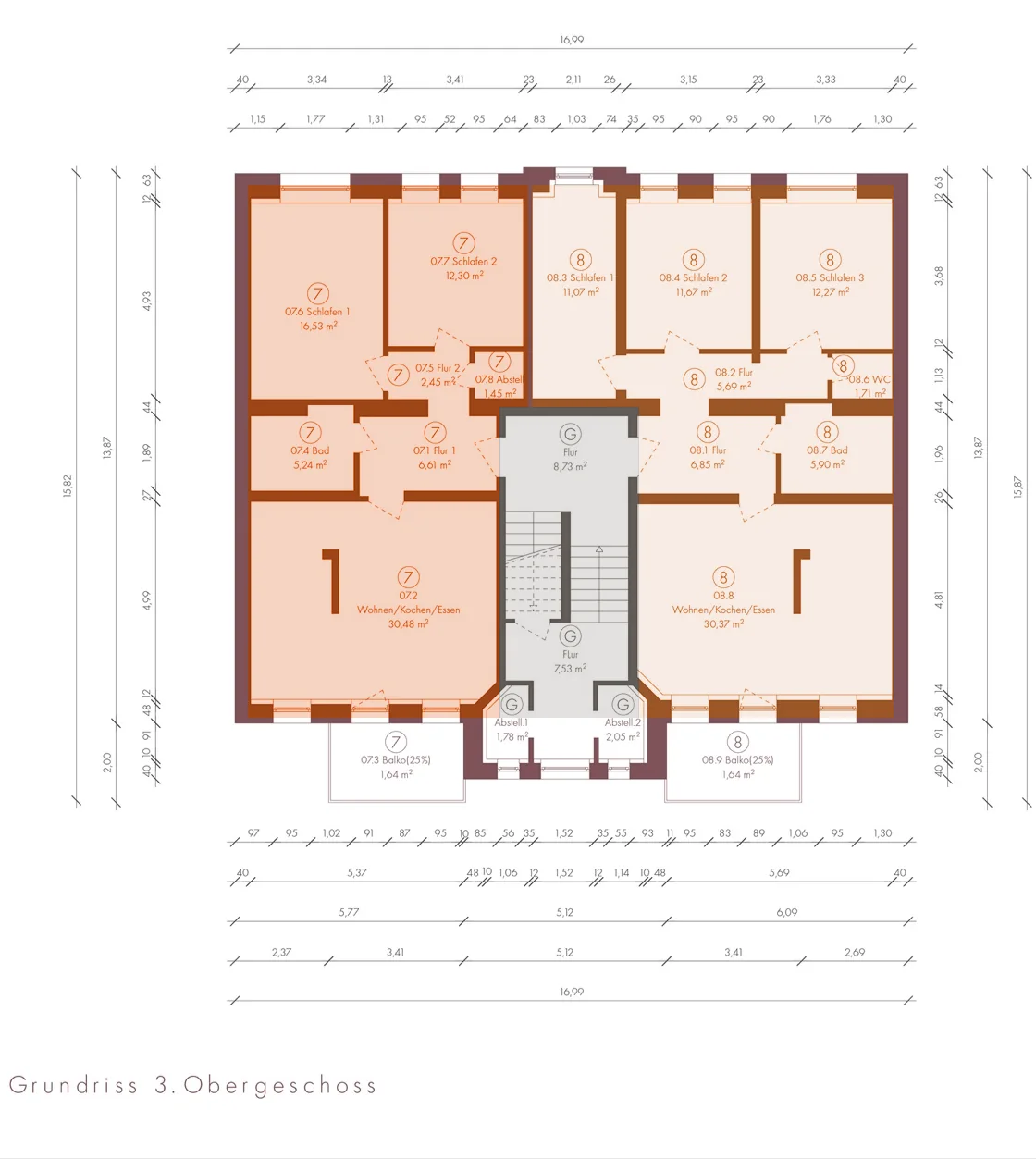 Aufteilungsplan: Wohnung 7 und Wohnung 8 als Sondereigentum farbig markiert, Treppenhaus als Gemeinschaftseigentum grau